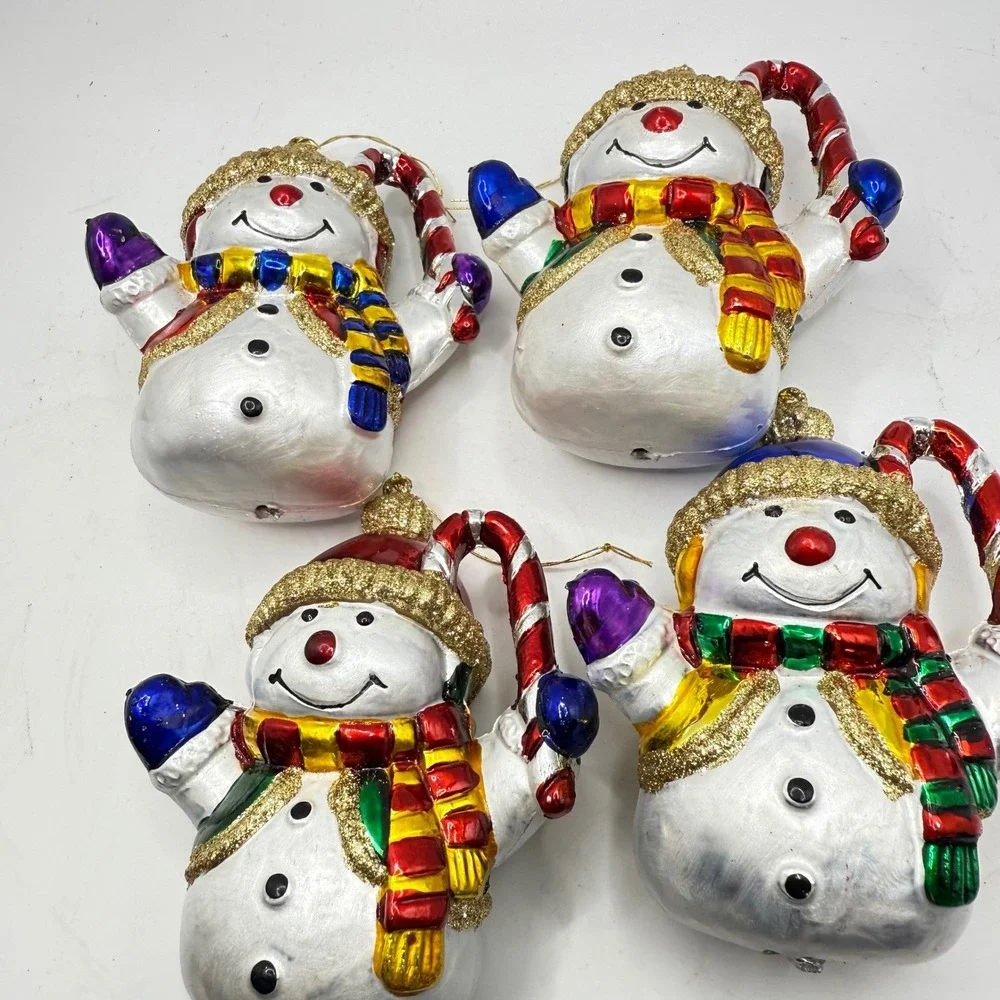 4 Snowman Christmas Ornament Hand-Painted Glitter Candy Cane‎ Retro Holiday